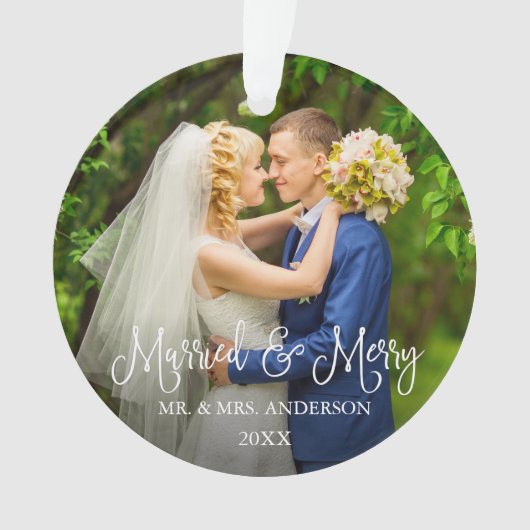 Calligraphie Script Verheiratet und Merry Wedding  Ornament (Vorderseite)