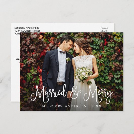 Calligraphie Script Verheiratet und Merry Wedding Postkarte (Vorne/Hinten)