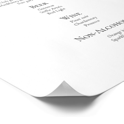 Calligraphie Script Wedding Drinks Menü-Zeichen Poster (Ecke)