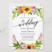 Calligraphie Sonnenblume Boho Blumengrün Hochzeit Einladung (Vorderseite)