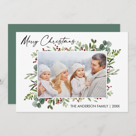 Calligraphie Tinte Aquarellgrün Berries Feiertagskarte (Vorne/Hinten)