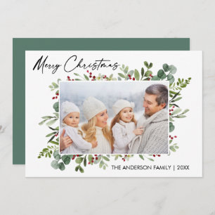 Calligraphie Tinte Aquarellgrün Berries Feiertagskarte