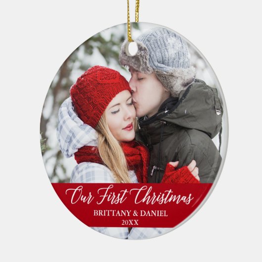 Calligraphie Unser erstes Weihnachtskupfer Foto Re Keramik Ornament (Links)