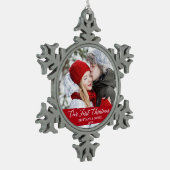 Calligraphie Unser erstes Weihnachtskupfer Foto Re Schneeflocken Zinn-Ornament (Links)