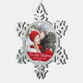 Calligraphie Unser erstes Weihnachtskupfer Foto Re Schneeflocken Zinn-Ornament (Rechts)