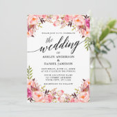 Calligraphie Wasserfarben Rosa Blush Bloral Hochze Einladung (Stehend Vorderseite)