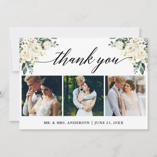 Calligraphie Watercolor White Floral Wedding Foto Dankeskarte (Vorderseite)