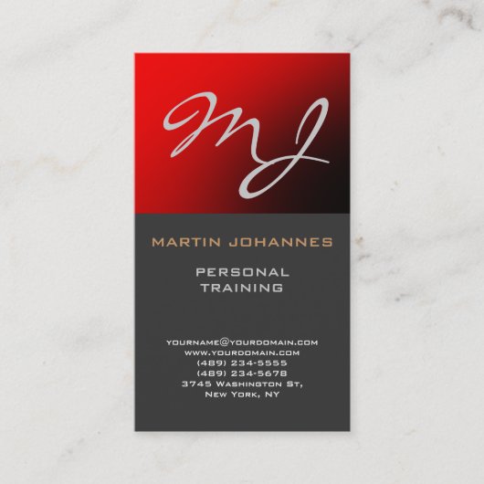 Calligraphische Monogram Red Gray Business Card Visitenkarte (Vorderseite)