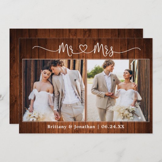 Calligraphisches Herz Foto Wedding Wood Dankeskarte (Vorne/Hinten)