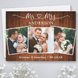 Calligraphisches Herz Mr. Wedding 3 Fotos Wood Dankeskarte<br><div class="desc">Moderne Minimalistische einfache Kalligraphie Script Mr. and Mrs. Heart Wedding Bride and Groom 3 Foto Danke Karte - Rustikales Landholz</div>
