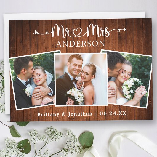 Calligraphisches Herz Mrs. 3 Fotos Wedding Wood Dankeskarte