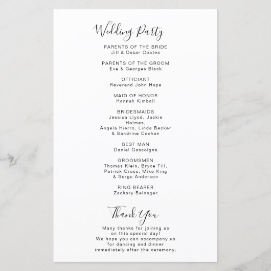 Calligraphisches Programm für feierliche Hochzeite (Rückseite)