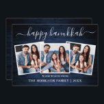Calligraphy 3 Foto Blue Wood Happy Hanukkah Feiertagskarte<br><div class="desc">Modern Trendy Calligraphy Script 3 Foto Family Foto Collage Happy Hanukkah Card - Rustic Country Blue Wood</div>