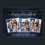 Calligraphy 3 Foto Blue Wood Happy Hanukkah Feiertagskarte<br><div class="desc">Modern Trendy Calligraphy Script 3 Foto Family Foto Collage Happy Hanukkah Card - Rustic Country Blue Wood</div>