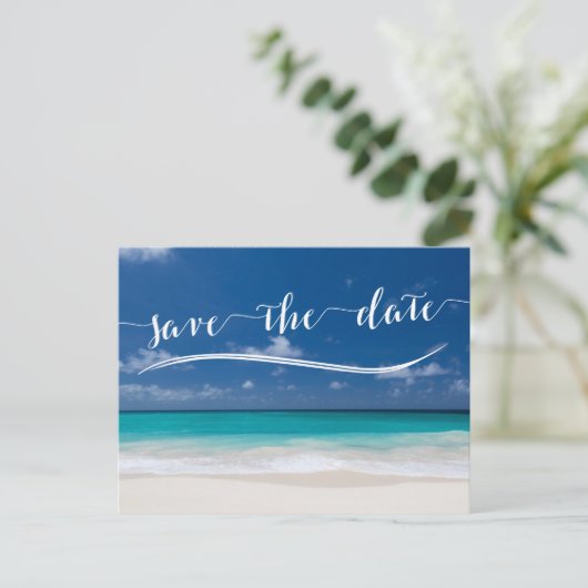 Calligraphy Beach Save the Date Postkarten (Stehend Vorderseite)