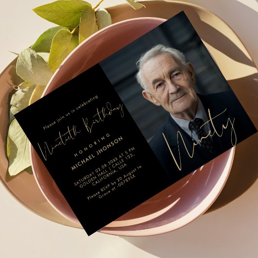 Calligraphy Black & Gold Ninetieth Foto Geburtstag Einladung