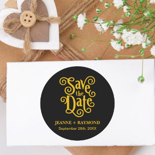 Calligraphy Black Gold Save the Date Hochzeit Runder Aufkleber