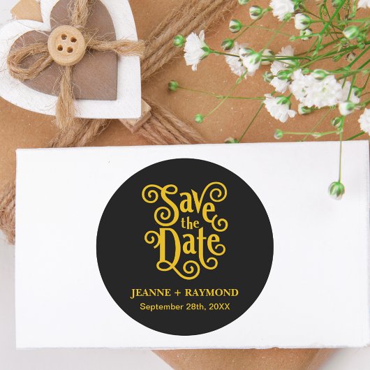 Calligraphy Black Gold Save the Date Hochzeit Runder Aufkleber