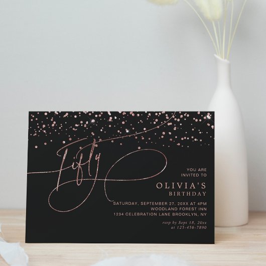 Calligraphy Black Rose Gold Confetti 50th Birthday Einladung