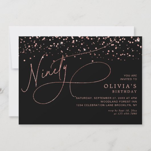 Calligraphy Black Rose Gold Confetti 90th Birthday Einladung (Vorderseite)