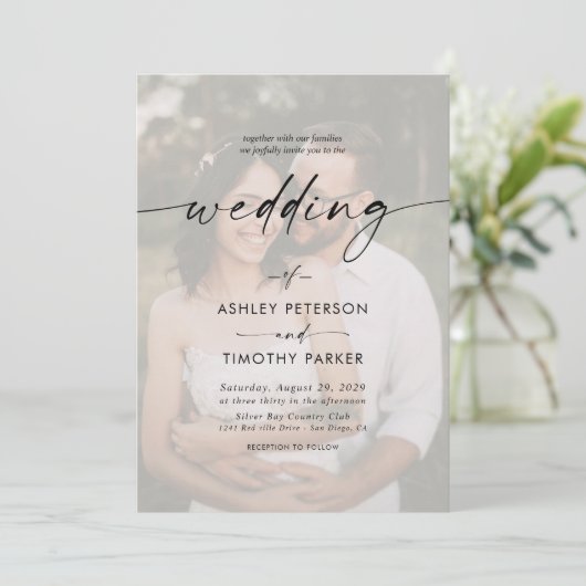 Calligraphy Black & White Overlay Foto Wedding Einladung (Stehend Vorderseite)