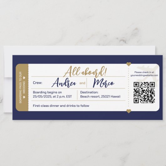 Calligraphy Blue and Gold Boarding Pass Wedding Einladung (Vorderseite)