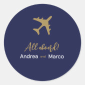 Calligraphy Blue and Gold Boarding Pass Wedding Runder Aufkleber (Vorderseite)