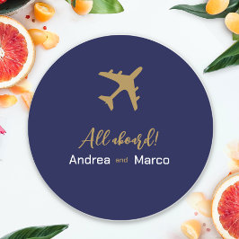 Calligraphy Blue and Gold Boarding Pass Wedding Runder Aufkleber