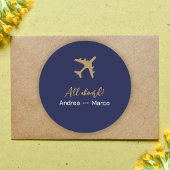 Calligraphy Blue and Gold Boarding Pass Wedding Runder Aufkleber