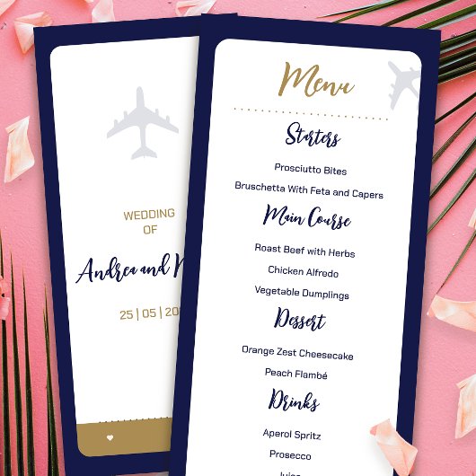 Calligraphy Blue Boarding Pass Wedding Menu Menükarte