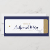 Calligraphy Blue Boarding Pass Wedding Program (Rückseite)