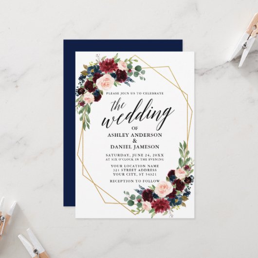 Calligraphy Blue Burgundy Geometric Gold Wedding Einladung (Vorderseite/Rückseite Beispiel)