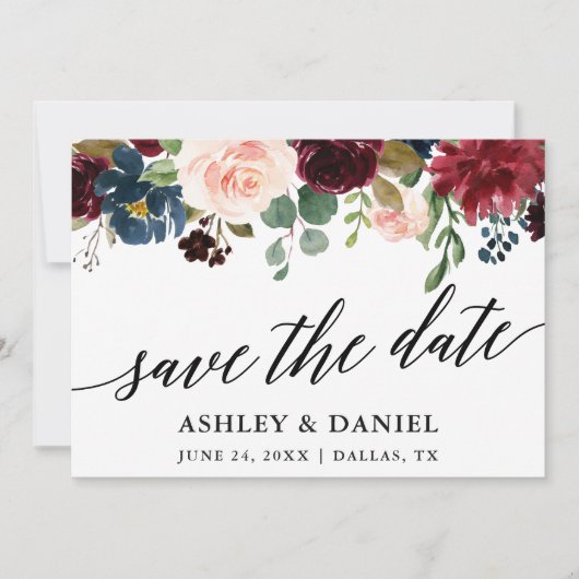 Calligraphy Blue Burgundy Save the Date Card Dankeskarte (Vorderseite)
