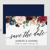 Calligraphy Blue Burgundy Save the Date Card Dankeskarte (Vorne/Hinten)