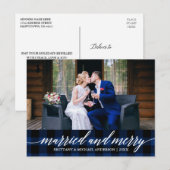 Calligraphy Blue Kariert Verheiratet und Merry Wed Postkarte (Vorne/Hinten)