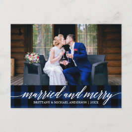 Calligraphy Blue Kariert Verheiratet und Merry Wed Postkarte