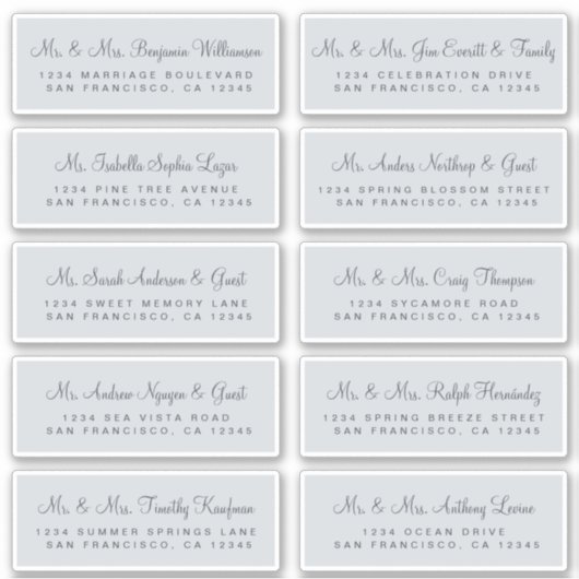 Calligraphy Blue Wedding Guest Address Labels (Vorderseite)