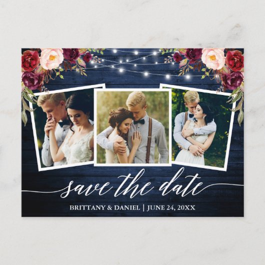 Calligraphy Blue Wood Floral Save the Date Postkarte (Vorderseite)