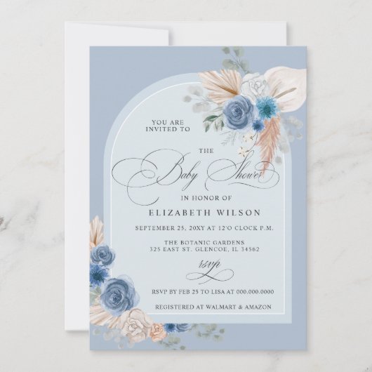 Calligraphy Boho Dusty Blue Pampas Baby Shower Einladung (Vorderseite)