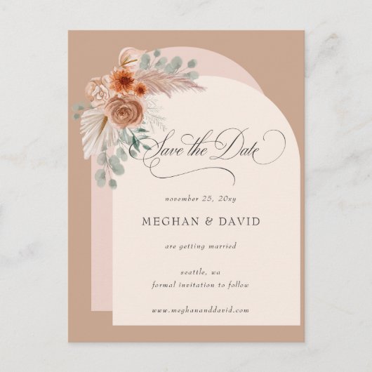 Calligraphy Boho Terracotta Pampas Save the Date Ankündigungspostkarte (Vorderseite)