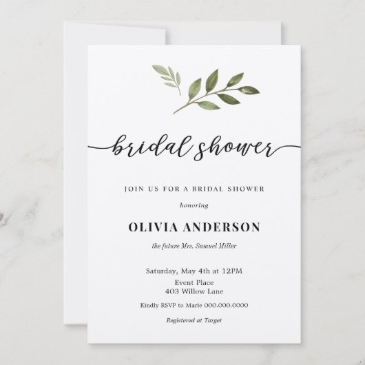 Calligraphy Bridal Dusche Einladung mit Grün (Vorderseite)