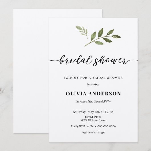 Calligraphy Bridal Dusche Einladung mit Grün (Vorne/Hinten)