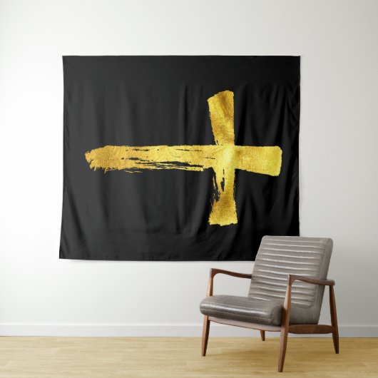 Calligraphy Brush Cross - Modern Artistic Crucifix Wandteppich (Beispiel (Horizontal))