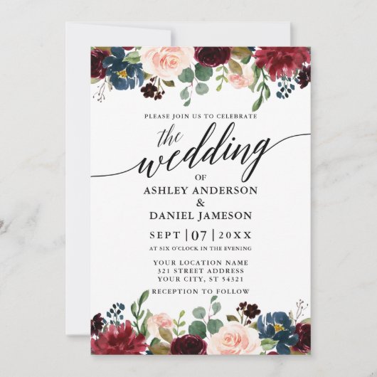 Calligraphy Burgundy Bloral Blue Wedding Einladung (Vorderseite)