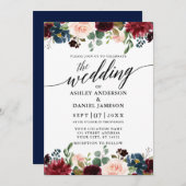 Calligraphy Burgundy Bloral Blue Wedding Einladung (Vorne/Hinten)