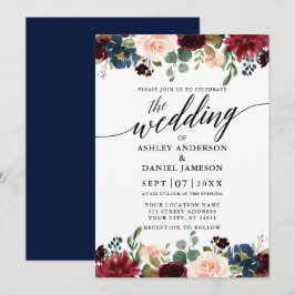 Calligraphy Burgundy Bloral Blue Wedding Einladung