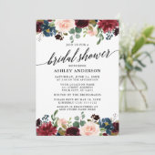 Calligraphy Burgundy Blue Floral Brautparty Einladung (Stehend Vorderseite)