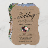 Calligraphy Burgundy Blue Floral Foto Kraft Einladung (Vorne/Hinten)