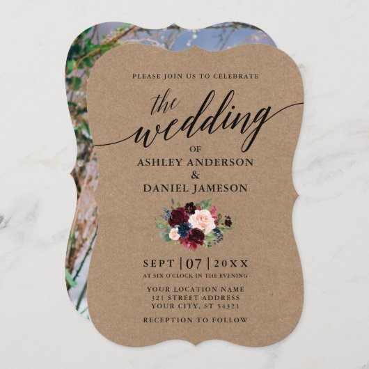 Calligraphy Burgundy Blue Floral Foto Kraft Einladung (Vorne/Hinten)