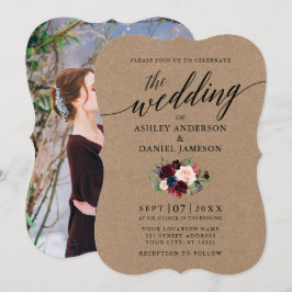 Calligraphy Burgundy Blue Floral Foto Kraft Einladung